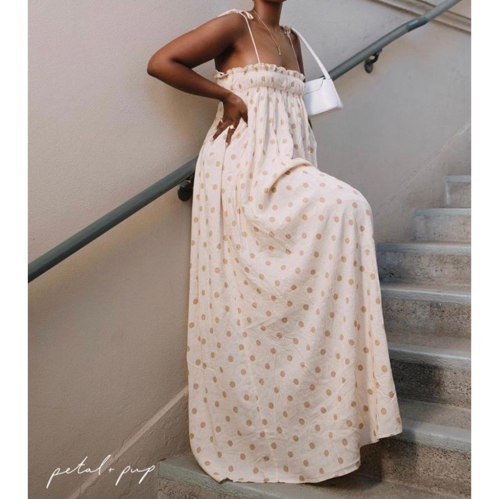 Petal + Pup Pastel Urban Maxi Dress Beige/cream w/ muted polka dots Size 6